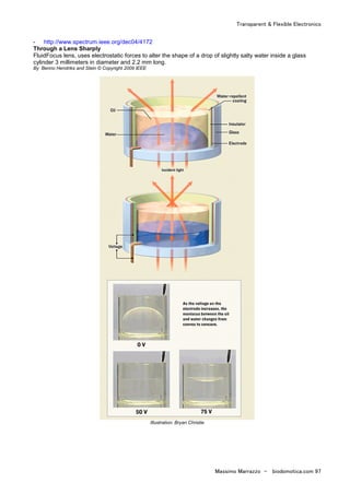Transparent & Flexible Electronics
Massimo Marrazzo - biodomotica.com 97
- http://www.spectrum.ieee.org/dec04/4172
Through a Lens Sharply
FluidFocus lens, uses electrostatic forces to alter the shape of a drop of slightly salty water inside a glass
cylinder 3 millimeters in diameter and 2.2 mm long.
By Benno Hendriks and Stein © Copyright 2009 IEEE
Illustration: Bryan Christie
 