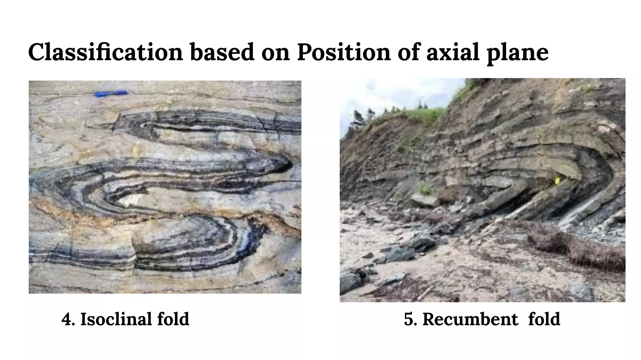 Classiﬁcation based on Position of axial plane
4. Isoclinal fold 5. Recumbent fold
 