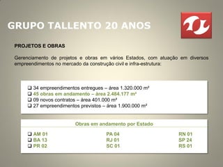 GRUPO TALLENTO 20 ANOS

 PROJETOS E OBRAS

 Gerenciamento de projetos e obras em vários Estados, com atuação em diversos
 empreendimentos no mercado da construção civil e infra-estrutura:



       34 empreendimentos entregues – área 1.320.000 m²
       45 obras em andamento – área 2.484.177 m²
       09 novos contratos – área 401.000 m²
       27 empreendimentos previstos – área 1.900.000 m²


                         Obras em andamento por Estado

       AM 01                         PA 04                      RN 01
       BA 13                         RJ 01                      SP 24
       PR 02                         SC 01                      RS 01
 