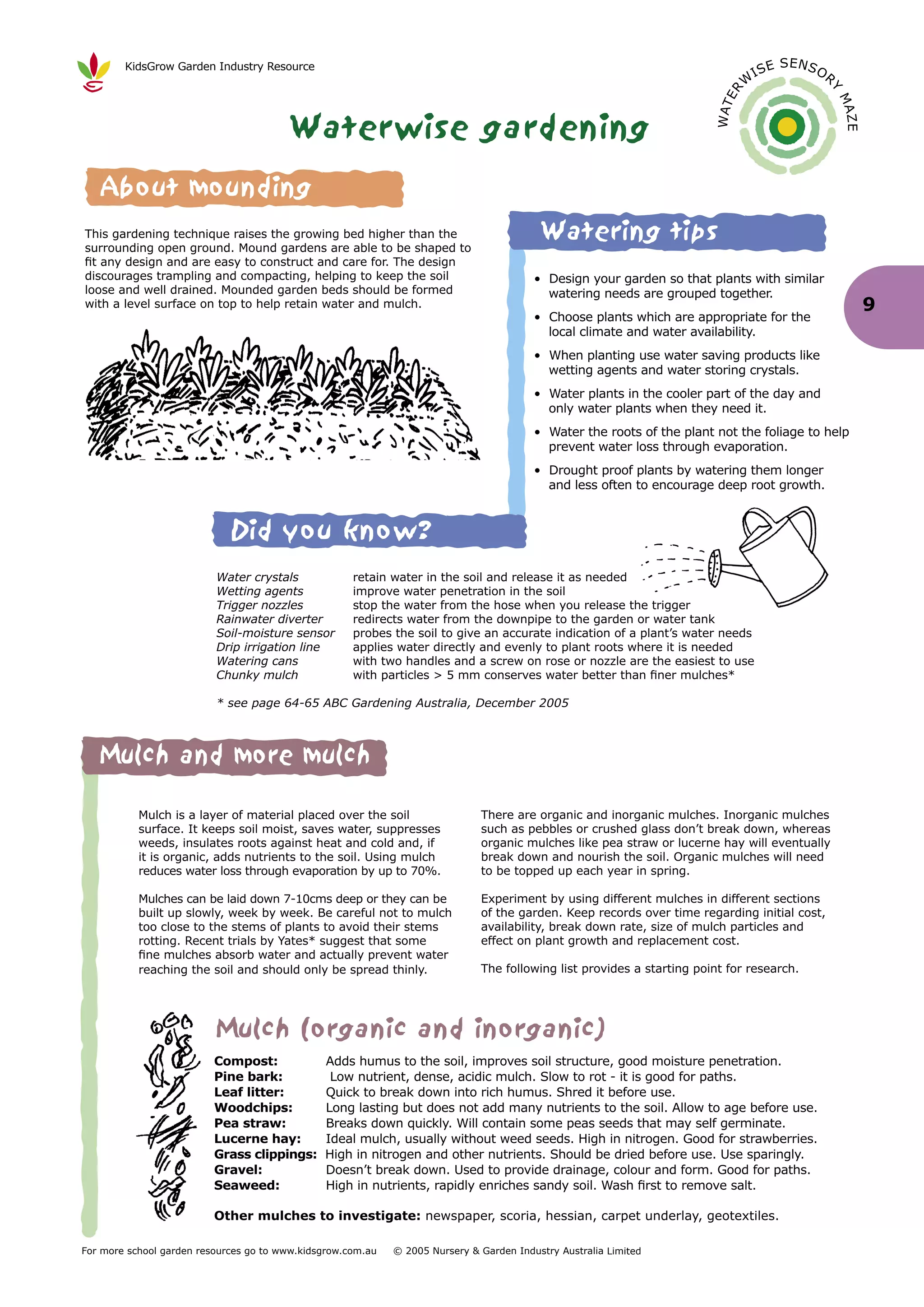 KidsGrow Garden Industry Resource                                                                                                E SENSO
                                                                                                                                    IS             R
                                                                                                                                W




                                                                                                                                                   Y
                                                                                                                          R E




                                                                                                                                                       MA
                                                                                                                        WAT
                                        Waterwise gardening




                                                                                                                                                       ZE
    About mounding
This gardening technique raises the growing bed higher than the
surrounding open ground. Mound gardens are able to be shaped to
                                                                                          Watering tips
fit any design and are easy to construct and care for. The design
discourages trampling and compacting, helping to keep the soil                           • Design your garden so that plants with similar
loose and well drained. Mounded garden beds should be formed                               watering needs are grouped together.
with a level surface on top to help retain water and mulch.                                                                                                 9
                                                                                         • Choose plants which are appropriate for the
                                                                                           local climate and water availability.
                                                                                         • When planting use water saving products like
                                                                                           wetting agents and water storing crystals.
                                                                                         • Water plants in the cooler part of the day and
                                                                                           only water plants when they need it.
                                                                                         • Water the roots of the plant not the foliage to help
                                                                                           prevent water loss through evaporation.
                                                                                         • Drought proof plants by watering them longer
                                                                                           and less often to encourage deep root growth.



                             Did you know?
                          Water crystals             retain water in the soil and release it as needed
                          Wetting agents             improve water penetration in the soil
                          Trigger nozzles            stop the water from the hose when you release the trigger
                          Rainwater diverter         redirects water from the downpipe to the garden or water tank
                          Soil-moisture sensor       probes the soil to give an accurate indication of a plant’s water needs
                          Drip irrigation line       applies water directly and evenly to plant roots where it is needed
                          Watering cans              with two handles and a screw on rose or nozzle are the easiest to use
                          Chunky mulch               with particles > 5 mm conserves water better than finer mulches*

                          * see page 64-65 ABC Gardening Australia, December 2005



   Mulch and more mulch

           Mulch is a layer of material placed over the soil                  There are organic and inorganic mulches. Inorganic mulches
           surface. It keeps soil moist, saves water, suppresses              such as pebbles or crushed glass don’t break down, whereas
           weeds, insulates roots against heat and cold and, if               organic mulches like pea straw or lucerne hay will eventually
           it is organic, adds nutrients to the soil. Using mulch             break down and nourish the soil. Organic mulches will need
           reduces water loss through evaporation by up to 70%.               to be topped up each year in spring.

           Mulches can be laid down 7-10cms deep or they can be               Experiment by using different mulches in different sections
           built up slowly, week by week. Be careful not to mulch             of the garden. Keep records over time regarding initial cost,
           too close to the stems of plants to avoid their stems              availability, break down rate, size of mulch particles and
           rotting. Recent trials by Yates* suggest that some                 effect on plant growth and replacement cost.
           fine mulches absorb water and actually prevent water
           reaching the soil and should only be spread thinly.                The following list provides a starting point for research.




                          Mulch (organic and inorganic)
                          Compost:             Adds humus to the soil, improves soil structure, good moisture penetration.
                          Pine bark:            Low nutrient, dense, acidic mulch. Slow to rot - it is good for paths.
                          Leaf litter:         Quick to break down into rich humus. Shred it before use.
                          Woodchips:           Long lasting but does not add many nutrients to the soil. Allow to age before use.
                          Pea straw:           Breaks down quickly. Will contain some peas seeds that may self germinate.
                          Lucerne hay:         Ideal mulch, usually without weed seeds. High in nitrogen. Good for strawberries.
                          Grass clippings:     High in nitrogen and other nutrients. Should be dried before use. Use sparingly.
                          Gravel:              Doesn’t break down. Used to provide drainage, colour and form. Good for paths.
                          Seaweed:             High in nutrients, rapidly enriches sandy soil. Wash first to remove salt.

                          Other mulches to investigate: newspaper, scoria, hessian, carpet underlay, geotextiles.

For more school garden resources go to www.kidsgrow.com.au   © 2005 Nursery & Garden Industry Australia Limited
 