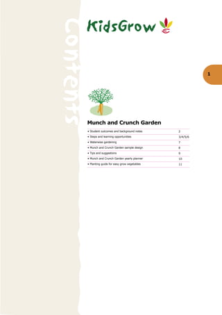 KidsGrow

Contents                                                     1




       Munch and Crunch Garden
       • Student outcomes and background notes     2
       • Steps and learning opportunities          3/4/5/6
       • Waterwise gardening                       7
       • Munch and Crunch Garden sample design     8
       • Tips and suggestions                      9
       • Munch and Crunch Garden yearly planner    10
       • Planting guide for easy grow vegetables   11
 