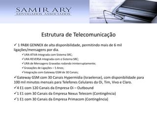 Estrutura de Telecomunicação
 1 PABX GENNEX de alta disponibilidade, permitindo mais de 6 mil
ligações/mensagens por dia.
URA ATIVA Integrada com Sistema SRC;
URA REVERSA Integrada com o Sistema SRC;
URA de Mensagens Gravadas rodando ininterruptamente;
Gravações de Ligações – 5 Anos;
Integração com Gateway GSM de 30 Canais;
Gateway GSM com 30 Canais Hypermidia (Israelense), com disponibilidade para
100 mil minutos mensais para Telefones Celulares da Oi, Tim, Vivo e Claro.
4 E1 com 120 Canais da Empresa Oi – Outbound
1 E1 com 30 Canais da Empresa Nexus Telecom (Contingência)
1 E1 com 30 Canais da Empresa Primacom (Contingência)
 