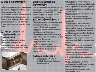 O que é hipertensão ?
A hipertensão arterial ou pressão alta
é a elevação da pressão arterial para
números acima dos valores
considerados normais (maior ou igual
a 140/90 mmHg) , determinado em
duas ou mais medições. Estes índices
podem causar lesões em diferentes
órgãos como cérebro, coração, rins e
olhos.
O que acontece no
organismo de um
hipertenso ?
Suas artérias ficam apertadas e
dificultam a passagem do
sangue, razão pela qual o coração
precisa exercer uma pressão maior
para bombeá-lo.
Quais as causas da
hipertensão ?
Não se há uma causa definida para a
hipertensão . Mas existem fatores que
influenciam os níveis da P.A , esses
fatores podem ser de dois modos :
evitáveis e não evitáveis .
Fatores não evitáveis :
*Hereditariedade = pessoas que tem
familiares hipertensos , tem mais
chances de adquirir a doença.
*Idade : A pressão arterial aumenta a
medida que envelhecemos.
*Raça negra : os indivíduos da raça
negra são os que apresentam a forma
mais grave da doença.
*Sexo : Homens após os 35 e
mulheres na menopausa .
*Diabetes : todo paciente diabético ,
tem tendência de desenvolver
hipertensão.
Fatores evitáveis :
* Sedentarismo : A falta de
atividade física contribui para o
aumento da P.A
*Obesidade : o excesso de peso
corporal está diretamente relacionado
com a hipertensão .Reduzir o peso é
muito importante na prevenção e no
controle da P.A .
*Ingestão de sal : o consumo de sal
deve ser leve o seu consumo
excessivo pode causar ou agravar a
hipertensão .
*Tabagismo : o uso de cigarros ,
charutos e demais derivados do
tabaco podem agravar a hipertensão .
*Alcoolismo : consumo de bebidas
alcoólicas em excesso além de elevar
a pressão ,dificulta o tratamento .
*Estresse : situações que levam aos
estados de ansiedade podem elevar a
pressão .
*Alimentação rica em gorduras : o
consumo exagerado de gordura de
origem animal podem levar as
obesidade e a arteriosclerose
(formação de placas de gordura nas
artérias dificultando a passagem do
sangue ).
*Auto – medicação : existem
medicamentos que elevam a pressão
arterial (anticoncepcionais ,
descongestionantes nasais , anti –
inflamatórios etc. )
 
