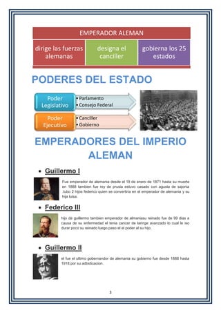 3
PODERES DEL ESTADO
EMPERADORES DEL IMPERIO
ALEMAN
 Guillermo I
Fue emperador de alemania desde el 18 de enero de 1871 hasta su muerte
en 1888 tambien fue rey de prusia estuvo casado con agusta de sajonia
.tubo 2 hijos federico quien se convertiria en el emperador de alemania y su
hija luisa.
 Federico III
hijo de guillermo tambien emperador de almaniasu reinado fue de 99 dias a
causa de su enfermedad el tenia cancer de laringe avanzado lo cual le iso
durar poco su reinado luego paso el el poder al su hijo.
 Guillermo II
el fue el ultimo gobernandor de alemania su gobierno fue desde 1888 hasta
1918 por su adbidicacion.
EMPERADOR ALEMAN
dirige las fuerzas
alemanas
designa el
canciller
gobierna los 25
estados
•Parlamento
•Consejo Federal
Poder
Legislativo
•Canciller
•Gobierno
Poder
Ejecutivo
 