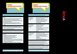 Gewerkschaftsschule
                  wIENER                                                                             wIENER
                  GEwERKSCHAFTSSCHULE                                                                GEwERKSCHAFTSSCHULE




                                                                                                                                                                      Wiener




                                                                                                                                                                                            Johann-Böhm-Platz 1
                                                                         Ziele                                                                        Inhalte




                                                                                                                                                                                            1020 Wien
Du willst ...                                                                       Sachkompetenz:             »  Rechtliche Grundlagen (Arbeitsrecht, Arbeitneh-
»  für deine Arbeit als (angehende) ArbeitnehmervertreterIn gestärkt sein           (mind. 60 Abend-              merInnenschutz, Sozialrecht uvm.)
»  Zusammenhänge erkennen und entsprechend handeln können                           einheiten)                 »  Wirtschaftliche Grundlagen (Volkswirtschaft, 
»  die Positionen und Forderungen deiner Belegschaft besser vertreten können                                     Betriebswirtschaft, BR und Finanzen uvm.)
»  deine soziale Kompetenz stärken                                                                             »  Geschichte, Staat und Verfassung, EU
»  dein Allgemeinwissen und deinen „eigenen Horizont” erweitern                                                »  Gesellschaftspolitik
»  deine persönliche Kommunikationsfähigkeit ausbauen und Solidarität 
  erleben                                                                           Soziale Kompetenz:         »  Grundlagen der Kommunikation
                                                                                    (mind. 40 Abend-           »  Persönlichkeitsentwicklung
In der Wiener Gewerkschaftsschule lernen BetriebsrätInnen, Personalver-             einheiten)                 »  Wie berate ich andere
treterInnen, ... sowie alle, die an gewerkschaftlichen Fragen interessiert sind,                               »  Gruppendynamik, Teamentwicklung, Teamarbeit 
von einander und tauschen Erfahrungen aus.                                                                        – führen, leiten moderieren
                                                                                                               »  Verhandlungen führen und Konflikte regeln
AbsolventInnen der Gewerkschaftsschule verfügen über das notwendige Rüst-                                      »  Rhetorik
zeug, das BetriebsrätInnen brauchen, um professionell arbeiten zu können. 
                                                                                    Handlungskompetenz:        »  Selbstständiges Wissen erarbeiten
Dazu gehören:                                                                       (mind. 35 Abend-           »  Recherchieren, vergleichen, kritisch hinterfragen
»  Strategien, mit dem Spannungsfeld  „Betriebsleitung                              einheiten)                 »  Analysen durchführen und interpretieren 
     und MitarbeiterInnen” konstruktiv umzugehen                                                               »  Initiativen setzten (Projektmanagement und 
 »  Problemerkennung und -lösung  im eigenen Betrieb                                                             Projektarbeit)
     in Zusammenarbeit mit ÖGB und  AK                                                                         »  Öffentlichkeitsarbeit
  »  Gute betriebswirtschaftliche, arbeits- und sozialrecht liche Grundkenntnisse                              »  Präsentieren und Präsentationstechnik
   »  Das Wissen über Mitbestimmungsmöglichkeiten im eigenen Betrieb wie auch 
     in Politik und Gesellschaft insgesamt                                          Das Motto der Gewerkschaftsschule lautet: „Aus der Praxis für die Praxis”. 
   »  Selbstständig Wissen erarbeiten durch Wahlmodule und Projektarbeit            Hier  lernen TeilnehmerInnen von ExpertInnen und ExpertInnen von  
                                                                                    TeilnehmerInnen. Weil man Gelerntes auch anwenden können soll, arbeiten  
                                                                                    wir stets an konkreten Beispielen und in Trainingssituationen.

                                                                                    Unsere Methoden aktivieren alle TeilnehmerInnen zur Mitarbeit. In einer bunt 
                                                                                    gemischten Gruppe lernen wir im Team zu arbeiten und Probleme gemeinsam 
                                                                                    zu lösen, integrierter Bestandteil sind auch Wahlmodule .


www.wienergewerkschaftsschule.at                                                    www.wienergewerkschaftsschule.at
 