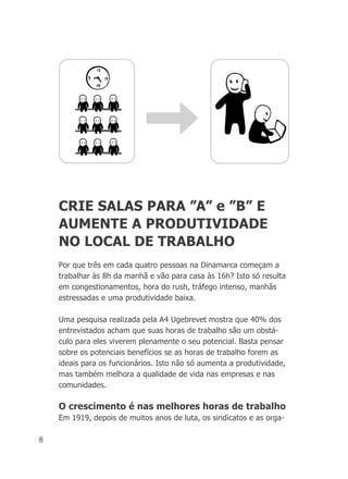 8
Por que três em cada quatro pessoas na Dinamarca começam a
trabalhar às 8h da manhã e vão para casa às 16h? Isto só resulta
em congestionamentos, hora do rush, tráfego intenso, manhãs
estressadas e uma produtividade baixa.
Uma pesquisa realizada pela A4 Ugebrevet mostra que 40% dos
entrevistados acham que suas horas de trabalho são um obstá-
culo para eles viverem plenamente o seu potencial. Basta pensar
sobre os potenciais benefícios se as horas de trabalho forem as
ideais para os funcionários. Isto não só aumenta a produtividade,
mas também melhora a qualidade de vida nas empresas e nas
comunidades.
O crescimento é nas melhores horas de trabalho
Em 1919, depois de muitos anos de luta, os sindicatos e as orga-
CRIE SALAS PARA ”A” e ”B” E
AUMENTE A PRODUTIVIDADE
NO LOCAL DE TRABALHO
 