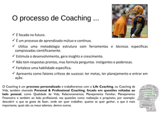  É focado no futuro.
 É um processo de aprendizado mútuo e contínuo.
 Utiliza uma metodologia estrutura com ferramentas e técnicas específicas
comprovadas cientificamente.
 Estimula o desenvolvimento, gera insights e crescimento.
 Não tem respostas prontas, mas formula perguntas instigantes e poderosas.
 Fortalece uma habilidade específica.
 Apresenta como fatores críticos de sucesso: ter metas, ter planejamento e entrar em
ação.
O processo de Coaching ...
O Coaching é um processo personalizado e trabalharemos com o Life Coaching, ou Coaching de
Vida, também chamado Personal & Professional Coaching, focado em questões voltadas ao
lado pessoal, como Qualidade de Vida, Relacionamentos, Planejamento Familiar, Planejamento
Financeiro e também ao lado profissional, nas questões como realização e propósito, por exemplo:
descobrir o que se gosta de fazer, onde ser quer trabalhar, quanto se quer ganhar, o que é mais
importante, quais são os meus talentos, dentre outras.
 