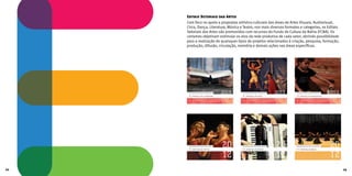 Editais Setoriais das Artes
Com foco no apoio a propostas artístico-culturais das áreas de Artes Visuais, Audiovisual,
Circo, Dança, Literatura, Música e Teatro, nos mais diversos formatos e categorias, os Editais
Setoriais das Artes são promovidos com recursos do Fundo de Cultura da Bahia (FCBA). Os
certames objetivam estimular os elos da rede produtiva de cada setor, abrindo possibilidade
para a realização de quaisquer tipos de projetos relacionados à criação, pesquisa, formação,
produção, difusão, circulação, memória e demais ações nas áreas específicas.
22 23
 