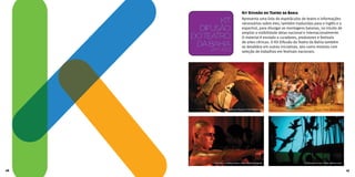 Kit Difusão do Teatro da Bahia
Apresenta uma lista de espetáculos de teatro e informações
necessárias sobre eles, também traduzidas para o inglês e o
espanhol, para divulgar as montagens baianas, no intuito de
ampliar a visibilidade delas nacional e internacionalmente.
O material é enviado a curadores, produtores e festivais
de artes cênicas. O Kit Difusão do Teatro da Bahia também
se desdobra em outras iniciativas, tais como mostras com
seleção de trabalhos em festivais nacionais.
O Pássaro do Sol / Foto: Márcio Lima
Áfricas / Fotos: Márcio Lima
Siré Obá – A Festa do Rei / Foto: Thalita Andrade
Pólvora e Poesia / Foto: Maira Lins
26 27
 