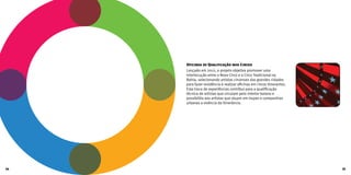 Oficinas de Qualificação nos Circos
Lançado em 2012, o projeto objetiva promover uma
interlocução entre o Novo Circo e o Circo Tradicional na
Bahia, selecionando artistas circenses das grandes cidades
para fazer residência e realizar oficinas em circos itinerantes.
Esta troca de experiências contribui para a qualificação
técnica de artistas que circulam pelo interior baiano e
possibilita aos artistas que atuam em trupes e companhias
urbanas a vivência da itinerância.
34 35
 