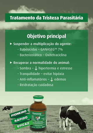 Tratamento da Tristeza Parasitária
Objetivo principal
„ Suspender a multiplicação do agente:
- Babesicidas – GANASEGTM
7%
- Bacteriostático – Oxitetraciclina
„ Recuperar a normalidade do animal:
- Sombra – hipertermia e estresse
- Tranquilidade – evitar hipóxia
- Anti-inflamatórios – edemas
- Reidratação cuidadosa
 