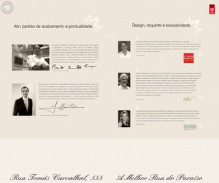 30anos
                                                                                                                                                                                                                                      compromisso
                                                                                                                                                                                                                                        e solidez




Alto padrão de acabamento e pontualidade.                                                                              Design, requinte e exclusividade.



                                         Os projetos residenciais da empresa são marcados pela alta qualidade
                                         e pontualidade de entrega. Neste projeto, de altíssimo padrão,
                                                                                                                        “O projeto apresenta uma fachada em estilo arquitetônico contemporâneo e marcante,
                                                                                                                         valorizado por diferentes relevos e materiais de acabamentos, frisos decorativos, apliques e revestimento
                                                                                                                         em cerâmica, harmoniosamente dispostos, formando um conjunto de cores discretas. Amplas varandas
                                                                                                                         e embasamento tratado com riqueza de detalhes garantem a grandiosidade de um empreendimento
                                         não poderia ser diferente, pois conta com acabamentos de primeira linha,
                                                                                                                         que reflete modernidade e sofisticação.




                                                                                                                                                                                                                              ”
                                         tais como mármore e porcelanato, portas de madeira com 2,20 m de altura,
                                         tratamento acústico no piso, caixilhos das suítes com vidros laminados,         Projeto Arquitetônico

                                         além de infraestrutura completa com itens que proporcionam conforto
                                         e comodidade, tais como, persianas elétricas nas suítes, aspiração central,
                                         ar condicionado em todo apartamento, churrasqueira e forno a lenha.




                                           Marcelo Zarzur – Diretor de Engenharia




                                                                                                                        “O projeto paisagístico do residencial Le Premier Ibirapuera Parc foi especialmente planejado para oferecer
                                                                                                                         requinte, conforto e qualidade de vida aos moradores. A sofisticação começa já na entrada com o vistoso
                                                                                                                         jardim e o suntuoso port-cochère. Do lado de dentro, o espaço é todo pontuado por jardins clássicos,
                                                                                                                         painéis e espelho d’água, o que torna o ambiente mais aconchegante. Lounges e áreas de estar
                                                                                                                         sob pergolados também foram projetados para estimular o convívio social em meio à natureza.
            Nossa atuação é marcada pela responsabilidade administrativa, solidez financeira e preservação
                                                                                                                         Para as atividades de lazer foram planejados o playground, quadra gramada e a quadra de tênis,
            do caixa da companhia, que asseguram a confiança dos parceiros, fornecedores, bancos
                                                                                                                         garantindo diversão para toda a família. Há ainda uma deliciosa piscina com raia de 25 metros
            e, principalmente, de nossos clientes. Além do maior caixa líquido do setor, a EZTEC possui
                                                                                                                         coberta, SPA na água com jatos de hidromassagem, solarium, piscina infantil com deck molhado
            financiamentos contratados com as maiores instituições financeiras do país, que asseguram
                                                                                                                         e um painel com cascata. Tudo isso com toda segurança e privacidade que os moradores
            a execução de todas as obras em andamento e nossos futuros lançamentos. Desde a fundação,




                                                                                                                                                                                                                              ”
                                                                                                                         do Le Premier Ibirapuera Parc merecem.
            somos uma empresa capitalizada que resulta em 1,1 milhão de metros quadrados de área
            construída, comprovando nossa vocação por um crescimento inteligente e comprometido.                         Projeto Paisagístico




              Emílio Fugazza - Diretor Financeiro e de Relações com Investidores
                                                                                                                        “A proposta fomenta uma decoração elaborada e sofisticada. A distribuição do apartamento favorece
                                                                                                                         a preservação da área íntima. Tomando partido deste diferencial e pensando no conforto para receber,
                                                                                                                         integram o mesmo ambiente living, jantar, home e adega. O amplo terraço propicia integração com
                                                                                                                         a área social, tornando esta acolhedora e funcional. A privilegiada luminosidade natural do apartamento
                                                                                                                         foi tida como partido inicial, favorecendo a decoração de todos os ambientes.




                                                                                                                                                                                                                              ”
                                                                                                                         Projeto de Decoração
 