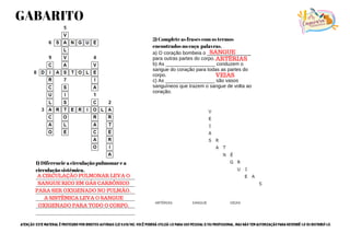 2) Complete as frases com os termos
encontrados no caça-palavras.
a) O coração bombeia o ________________
para outras partes do corpo.
b) As __________________ conduzem o
sangue do coração para todas as partes do
corpo.
c) As __________________ são vasos
sanguíneos que trazem o sangue de volta ao
coração.
SANGUE
ARTÉRIAS
VEIAS
1) Diferencie a circulação pulmonar e a
circulação sistêmica.
_______________________________________
_______________________________________
_______________________________________
_______________________________________
_______________________________________
_______________________________________
A CIRCULAÇÃO PULMONAR LEVA O
SANGUE RICO EM GÁS CARBÔNICO
PARA SER OXIGENADO NO PULMÃO.
A SISTÊMICA LEVA O SANGUE
OXIGENADO PARA TODO O CORPO.
GABARITO
ATENÇÃO: Este material é protegido por direitos autorais (Lei 9.610/98). Você poderá utilizá-lo para uso pessoal e/ou profissional, mas não tem autorização para revendê-lo ou distribuí-lo.
Capivara
PEDAGÓGICA
 