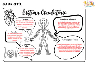 Sistema Circulatório
Sistema Circulatório
Circulação pulmonar
Circulação sistêmica
Coração
Artérias
Veias
Na circulação pulmonar, o sangue rico
em gás carbônico passa do coração
para os pulmões, por meio das artérias
pulmonares. Lá, ele se oxigena, e
depois retorna ao coração dentro das
veias pulmonares.
O sangue já oxigenado vai do coração para
as diversas partes do corpo. Ele leva
oxigênio para as células, e retira delas o gás
carbônico, retornando ao coração. Após
esse momento, ele completa o ciclo,
retornando novamente aos pulmões.
Coração é um órgão muscular
que, por meio da sua contração,
garante o bombeamento do
sangue para as diferentes partes
do corpo.
As artérias são vasos que
levam o sangue, a partir do
coração, para os órgãos e
tecidos do corpo em alta
pressão.
As veias são os vasos que
garantem que o sangue
retorne ao coração. Nesses
vasos, o sangue corre em
baixa pressão.
GABARITO Capivara
PEDAGÓGICA
 
