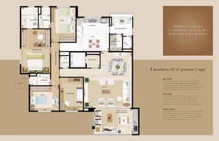 BANHEIRO                   BANHEIRO                                       SUÍTE


                                                                                                                             COZINHA

                                                                                                                                                      ÁREA DE SERVIÇO
                                                                                                                                                                                            Ambientes amplos e
                                                                                                                                                                                         integrados colocam seu
                                                                                                                                                                                         bem-estar acima de tudo.
                                                                                                                               COPA

                                                                                                                                                      DEP.
                                                                                                                                                   EMPREGADA

                                                                                                                                                                    WC


                      SUÍTE MASTER



                                                                        CIRCULAÇÃO ÍNTIMA


                                                                                                                            HALL SOCIAL
                                                                                                                                                      JANTAR
                                                                                               LAVABO




                                                                                                                                                                         4 dormitórios 155 m 2 privativos 3 vagas
                                                                                                                                                                                  ÁREA SOCIAL
                                         BANHEIRO
                                                                                                                                                                                  Ótimas áreas de estar e jantar compõem o living
PLANTA TIPO                                                                                                                                                                       e ainda sobra espaço para circular e fazer as
                                                                                                                                                                                  variações de layout que você desejar. O belo
                                                                                                                                          LIVING                                  terraço integrado não só amplia o campo de visão
                                                                                                                                                                                  e ilumina, como soma sua amplitude à ala social.

                                                                                                    ESCRITÓRIO
                                         SUÍTE
                                                                                                                                                                                  ÁREA ÍNTIMA
                                                                                                                                                                                  Todos os aposentos atendem com maestria
                                                                                                                                                                                  às questões de conforto e ﬂexibilidade, tão
                                                                                                                                                                                  essenciais no mundo moderno. Suíte master
                                                                                                                                                                                  com amplo espaço para closet, banheiros com
                                                                                                                                                                                  ventilação natural e acesso privativo ao serviço.

                                                                                                                                                                                  ÁREA DE SERVIÇO
                                                                                                                                                        TERRAÇO COM
                                                                                                                                                       CHURRASQUEIRA*
                                                                                                                                                                                  Excelente cozinha com copa, que dá acesso tanto
              (*) Churrasqueira, coifa e tampo no terraço são opcionais, não estando inclusos no memorial do apartamento.
                                                                                                                                                                                  à área de jantar quanto ao setor de circulação
                                                                                                                                                                                  íntima. Integrada a ela, uma lavanderia igualmente
                                                                                                                                                                                  bem dimensionada e arejada, com dependências
                                                                                                                                                                                  de empregada e banheiro adicional anexos.
 