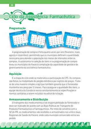 20



Ciclo da Assistência Farmacêutica

Programação




   A programação de compra é feita quatro vezes por ano (fevereiro, maio,
agosto e novembro), permitindo que os municípios definam a quantidade
necessária para atender a população nos meses de intervalos entre as
compras. A autonomia na seleção de itens e na programação de compra
levou os municípios do Paraná à ampliação da capacidade de gestão e de
gerenciamento da assistência farmacêutica.

Aquisição
   É a etapa do ciclo onde se materializa a participação do CPS. As compras
são feitas na modalidade de pregão eletrônico por registro de preços. Trata-
se de uma maneira simples e ágil que também garante que o fornecedor
mantenha seu preço por 12 meses. Para assegurar a qualidade dos itens, a
equipe técnica do Consórcio revisa constantemente as especificações e
normas sanitárias a serem incluídas no edital de licitação.

Armazenamento e Distribuição
   O transporte dos medicamentos é de responsabilidade do fornecedor e
deve ser realizado de acordo com as Boas Práticas de Transporte de
Produtos Farmacêuticos e Farmoquímicos. Por meio de convênio com a
SESA-PR, os medicamentos são recebidos e armazenados nas vinte e duas
Regionais de Saúde do Paraná, onde cada município consorciado retira seu
pedido.
 
