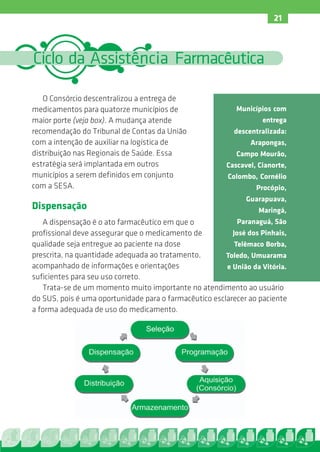 21



Ciclo da Assistência Farmacêutica

   O Consórcio descentralizou a entrega de
medicamentos para quatorze municípios de                   Municípios com
maior porte (veja box). A mudança atende                          entrega
recomendação do Tribunal de Contas da União               descentralizada:
com a intenção de auxiliar na logística de                     Arapongas,
distribuição nas Regionais de Saúde. Essa                  Campo Mourão,
estratégia será implantada em outros                    Cascavel, Cianorte,
municípios a serem definidos em conjunto                Colombo, Cornélio
com a SESA.                                                      Procópio,
                                                              Guarapuava,
Dispensação                                                       Maringá,
   A dispensação é o ato farmacêutico em que o              Paranaguá, São
profissional deve assegurar que o medicamento de          José dos Pinhais,
qualidade seja entregue ao paciente na dose                Telêmaco Borba,
prescrita, na quantidade adequada ao tratamento,        Toledo, Umuarama
acompanhado de informações e orientações                e União da Vitória.
suficientes para seu uso correto.
   Trata-se de um momento muito importante no atendimento ao usuário
do SUS, pois é uma oportunidade para o farmacêutico esclarecer ao paciente
a forma adequada de uso do medicamento.
 
