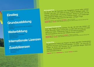 lbst erfühlen
                                                      Schnupperkurs                                    gleitens einmal se
                                                                         die Fasz  ination des Para                         n wollen. Ein-
                                                      Für all jene, die                                 Flugkurs festlege
                                                                          er nic ht gleich für einen                   für Schritt wird die
                                                      möchten, sich ab
Einstieg
                                                                                               Abheben. Schritt
                                                                           ngen und erstes                        fzieh- und Laufübu
                                                                                                                                        ngen
                                                      weisung, Startübu                  nur für einfache Au
•	 Schnupperkurs                                                      de Wiese zuerst                                 en“ Flüge.
                                                       sanft abfallen                          die ersten „richtig
•	 Schnupperwoc
                 henende                                                   r Folge schon für
                                                       genutzt, in weitere                      1 Tag (4-6 Stunde
                                                                                                                  n)               ) laut Plan.
•	 Tandemflug                                                                               tung | Kursdaue
                                                                                                            r:                             rminen (GK


Grundausbildung
                                                                        R 59,- inkl. Ausrüs                             allen Grundkurs-Te
                                                       Kursbeitrag: EU                                   Sonntag und an
                                                                                      Jeden Samstag und
                                                       Kursort: Ma ttsee | Termine:


 •	 Grundkurs 1
 •	  rundkurs 2                                                                                                                             und
     G
                       chenendkurs oder
                                        Compactkurs
                                                        Schnupperwoc
                                                                        henende                                        ch den Hüpfern
     aufgeteilt auf Wo                                                                      . Für alle, die na
                                                                           am Übungshang                                  f hö her und weiter
  •	 Höhenflüge                                         Zwei Tage Fliegen                      r, vor allem aber au
                                                                          Tages Lust auf meh                                   elände.
  Weiterbildung
                                                        Flügen des ersten             de Flüge am     Grundschulungsg
                                                        bekommen    haben. Aufbauen          iteren Kursen          angerechnet.
                                                                           s wird bei den we
                                                         Der Schnupperkur
                       e
  •	 Performanceflüg                                                                                                nden)
                         Pilotenschein                                                        r: 2 Tage (je 4-6 Stu                (GK) laut Plan.
  •	 Vorbereitung zum                                                    R 115,- inkl. Ausrüs
                                                                                              tung | Kursdaue           an allen Grundkurs
                                                                                                                                           -Terminen
         herheitstraining                                Kursbeitrag: EU                              g und Sonntag und
  •	 Sic                                                                           e: Jeden Samsta
                      en                                 Kursort: Mattsee | Termin
   •	 Gleitschirmreis
                        en
   Internationale Lizenz                                  Tandemflug                          ens mit einem ge
                                                                                                                 prüften Tandempil
                                                                                                                                   oten
   •	 Pilotenschein                                                        Freiheit des Flieg                     en - ob Jung oder Alt.
   •	 Streckenflugbe
                     rechtigung                           Die grenzenlose                      genießen. Für jed
                                                                           ne Vorkenntnisse                             rgen Salzburgs.

    Zusatzlizenzen
                                                          gefahrlos und oh           Sommer, von    den schönsten Be
                                                                               oder
                                                           Fliegen, ob Winter                        ...
                                                                                   oder Zell am See
    •	 Doppelsitzerau
                      sbildung                             Gaisb erg, Gasteinertal
                                                                             lebnis!
    •	 Motorausbildu
                     ng
                                                           Das besondere Er                               wählbar| Termine: frei
    •	 Speedflying                                                                            nd: ca. 1 Stunde
                                                                             119,- | Zeitaufwa
                                                            Flugpreis: EUR
 