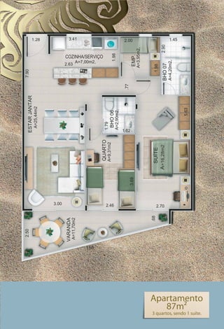 Apartamento
   87m²
3 quartos, sendo 1 suíte.
 