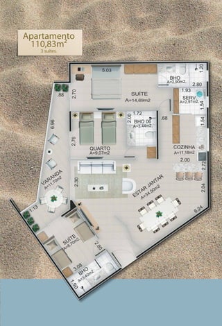 Apartamento
 110,83m²
   3 suítes.
 