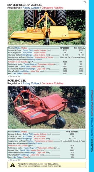ROÇADEIRAS/ROTARYCUTTERS/CORTADORASROTATIVAS
75
As roçadeiras são desenvolvidas para Uso Agrícola.
Não permita aproximação de pessoas durante o serviço.
RC² 2600 CL e RC² 2600 LSL 	
Roçadeiras / Rotary Cutters / Cortadora Rotativa
Modelo / Model / Modelo ................................................................. 	RC² 2600CL RC² 2600LSL
Largura de Corte / Cutting Width / Ancho de Corte (mm) ................ 	2500	 2500
Nº de Roçadores / Nr of Blades / Nº de Cuchillas ............................ 	 04	 04
Altura de Corte / Cutting Height / Altura de Corte (mm) .................. 	40-140	 40-140
Acoplamento ao Trator / Hitching / Acoplamiento al Tractor ............. 	03 pontos, Cat II, Tomada de Força
Rotação dos Roçadores / Blade Tip Speed /
Rotación de las Cuchillas (rpm)*....................................................... 	1038	 996
Potência no Motor / Tractor Required / Potencia en el Motor (cv)..... 	60	 60
Largura Total / Overall Width / Ancho Total (mm).............................. 	2860	 2860
Comprimento Total / Overall Lenght / Largo Total (mm).................... 	2150	 2150
Altura Total / Overall Height / Altura Total (mm)................................. 	1120	 1120
Peso / Net Weight / Peso (kg)........................................................... 	635	 640
* A 540 rpm da TDP
RC²E 2600 LSL 	
Roçadeiras / Rotary Cutters / Cortadora Rotativa
Modelo / Model / Modelo .................................................................. 	 RC²E 2600 LSL
Largura de Corte / Cutting Width / Ancho de Corte (mm) ................. 	2500
Nº de Roçadores / Nr of Blades / Nº de Cuchillas ............................. 	 04
Altura de Corte / Cutting Height / Altura de Corte (mm) ................... 	 40 - 140
Acoplamento ao Trator / Hitching / Acoplamiento al Tractor .............. 	03 pontos, Cat II, Tomada de Força
Rotação dos Roçadores / Blade Tip Speed /
Rotación de las Cuchillas (rpm)*........................................................ 	1038
Potência no Motor / Tractor Required / Potencia en el Motor (cv)...... 	60
Largura Total / Overall Width / Ancho Total (mm)............................... 	2860
Comprimento Total / Overall Lenght / Largo Total (mm)..................... 	2575
Altura Total / Overall Height / Altura Total (mm).................................. 	1190
Peso / Net Weight / Peso (kg)............................................................ 	860
* A 540 rpm da TDP
 