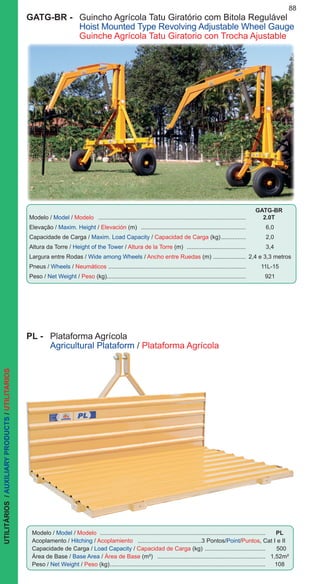88UTILITÁRIOS/AUXILIARYPRODUCTS/UTILITARIOS
GATG-BR -	 Guincho Agrícola Tatu Giratório com Bitola Regulável
	 Hoist Mounted Type Revolving Adjustable Wheel Gauge
	 Guinche Agrícola Tatu Giratorio con Trocha Ajustable
Modelo / Model / Modelo ...........................................................................................	 	
Elevação / Maxim. Height / Elevación (m) .................................................................	6,0
Capacidade de Carga / Maxim. Load Capacity / Capacidad de Carga (kg)................	2,0
Altura da Torre / Height of the Tower / Altura de la Torre (m) .....................................	3,4
Largura entre Rodas / Wide among Wheels / Ancho entre Ruedas (m) .....................	2,4 e 3,3 metros
Pneus / Wheels / Neumáticos .....................................................................................	11L-15
Peso / Net Weight / Peso (kg).....................................................................................	921
GATG-BR
2.0T
Modelo / Model / Modelo ......................................................................................................	 PL
Acoplamento / Hitching / Acoplamiento ........................................3 Pontos/Point/Puntos, Cat I e II
Capacidade de Carga / Load Capacity / Capacidad de Carga (kg) ......................................	 500
Área de Base / Base Area / Área de Base (m²) ...................................................................	1,52m²
Peso / Net Weight / Peso (kg)................................................................................................	108
PL -	 Plataforma Agrícola
	 Agricultural Plataform / Plataforma Agrícola
 