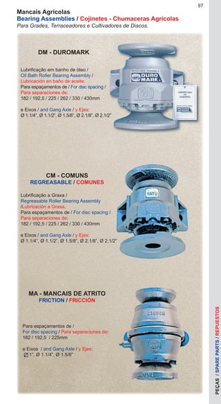 Lubrificação em banho de óleo /
Oil Bath Roller Bearing Assembly /
Lubricación en baño de aceite.
Para espaçamentos de / For disc spacing /
Para separaciones de:
182 / 192,5 / 225 / 262 / 330 / 430mm
e Eixos / and Gang Axle / y Ejes:
Ø 1.1/4”, Ø 1.1/2”, Ø 1.5/8”, Ø 2.1/8”, Ø 2.1/2”
Para espaçamentos de /
For disc spacing / Para separaciones de:
182 / 192,5 / 225mm
e Eixos / and Gang Axle / y Ejes:
1”, Ø 1.1/4”, Ø 1.5/8”
97
DM - DUROMARK
CM - COMUNS
REGREASABLE / COMUNES
Mancais Agrícolas
Bearing Assemblies / Cojinetes - Chumaceras Agrícolas
Para Grades, Terraceadores e Cultivadores de Discos.
Lubrificação a Graxa /
Regreasable Roller Bearing Assembly
/Lubricación a Grasa.
Para espaçamentos de / For disc spacing /
Para separaciones de:
182 / 192,5 / 225 / 262 / 330 / 430mm
e Eixos / and Gang Axle / y Ejes:
Ø 1.1/4”, Ø 1.1/2”, Ø 1.5/8”, Ø 2.1/8”, Ø 2.1/2”
MA - MANCAIS DE ATRITO
FRICTION / FRICCIÓN
PEÇAS/SPAREPARTS/REPUESTOS
 