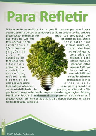 Para Reﬂe r
                 O tratamento de resíduos é uma questão que sempre vem à tona
                 quando se trata de dois assuntos que estão na ordem do dia: saúde e
                 preservação ambiental. No                 Brasil são produzidas, por
                 dia, mais de 228 mil                           toneladas de lixo. Desse
                 total apenas 82 mil                               toneladas são
                 des nadas a                                         aterros sanitários,
                 6,5 mil tons tem                                     como des no
                 estações de                                            co m p o sta ge m ,
                 2 , 2     m i l                                         to n e l a d a s e m
                 estações de                                             triagem e 1 mil
                 toneladas são                                            incinerados.Os
                 a t e r r o s                                            sanitários estão
                 presentes em                                            apenas 13% dos
                 municípios                                              brasileiros,
                 sendo que,                                             cerca de 60% dos
                 resíduos totais                                       coletados não tem
                 des nação                                           adequada e apenas
                 uma pequena parte                                 é reciclada.
                 Especialistas aﬁrmam                            que para garan r a
                 sustentabilidade do                         planeta, a cultura dos 3Rs
                 precisa ser incorporada na vida das pessoas e das organizações. Reduzir,
                 Reu lizar e Reciclar é fundamental para preservar a vida na terra. É
                 preciso vencer primeiro estas etapas para depois descartar o lixo de
                 forma adequada, completa.




  10
revista varejo
  CIKLIN




                 CIKLIN Soluções Ambientais
 