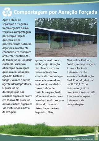 2      Compostagem por Aeração Forçada
Após a etapa de
separação e triagem a
fração orgânica do lixo
vai para a compostagem
por aeração forçada
que consiste no
processamento da fração
orgânica em ambiente
con nado, em condições
ambientais controladas
de temperatura, umidade   aproveitamento como         Nacional de Resíduos
e aeração, visando a      adubo, cuja utilização      Sólidos, a compostagem
otimização das reações    não oferece riscos ao       é uma solução de
químicas causadas pela    meio ambiente. No           tratamento e não
ação das bactérias,       sistema de compostagem      somente de destinação
fungos, vermes e outros   acelerada, os resíduos       nal. Contudo, do total
agentes decompositores.   líquidos são reciclados     de 94.335,1 t/d de
O processo de             com um e ciente             resíduos orgânicos
decomposição dos          controle na geração de      coletados somente 1,6%
resíduos orgânicos ocorre odores e vetores através    é encaminhado para
em 35 dias. No processo   de cobertura do processo    tratamento via
outros resíduos orgânicos utilizando materiais        compostagem.
são misturados à massa    têxteis impermeáveis.
de lixo, para             Segundo o Plano



                                                                                  07
                                                                                   ojerav atsiver
                                                                                   CIKLIN




                                                     CIKLIN Soluções Ambientais
 