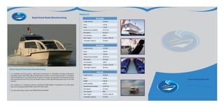 Royal Ocean Boats Manufacturing
Is a reputable and fast growing , UAE-based manufacturer of affordable and high performance
passenger boats made of fiber glass. We provide an excellent and innovative product s, and deliver
utmost satisfaction to our Clients. We aim to grow in turnover and reputation as the primary choice
boat manufacturer for all first time and expert buyers of fiber glassed passenger boats in the UAE
and GCC.
Our company is in conformity with the standard ISO 9001:2008 as manufacturer of a fiber glass
boats and complying OHSAS18001:2007 & ISO14001:2004.
For more information, please visit: WWW.ROYALOCEAN.NET
About Royal Ocean Boats Manufacturing
PRODUCTS
www.royalocean.net
SEALINER
Length Overall : 15.80 M
Beam : 5.30 M
Draft 1.23 M
Displacement (loaded) : 33.70 Ton
Max Speed : 25 knots
Fuel Capacity : 2000 L
Main Engine : 2 Volvo x 700 HP
Passenger Capacity : 70 Seats
:
SEALINER
Length Overall : 12.90 M
Beam : 4.30 M
Draft 1.05 M
Displacement (loaded) : 16.00 Ton
Max Speed : 25 knots
Fuel Capacity : 1200 L
Main Engine : 2 Volvo x 425 HP
Passenger Capacity : 38 Seats
:
SEACAB
Length Overall : 10.90 M
Beam : 4.30 M
Height 4.60 M
Draft (Loaded) 0.85 M
Displacement (loaded) : 12.00 Ton
Max Speed : 21 knots
Fuel Capacity : 800 L
Main Engine : 2 Volvo x 240 HP
Passenger Capacity : 15 Seats
 