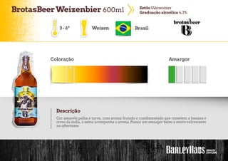 BrotasBeerWeizenbier 600ml EstiloWeizenbier
Graduação alcoólica 4,3%
3-6º Weizen Brasil
Coloração Amargor
Descrição
Cor amarelo palha e turva, com aroma frutado e condimentado que remetem a banana e
cravo da índia, o sabor acompanha o aroma. Possui um amargor baixo e muito refrescante
no aftertaste.
 