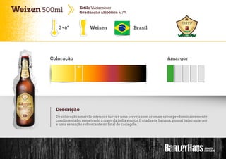 Weizen 500ml EstiloWeizenbier
Graduaçãoalcoólica 4,7%
Weizen Brasil
Coloração Amargor
Descrição
De coloração amarelo intenso e turva é uma cerveja com aroma e saborpredominantemente
condimentado, remetendo a cravo da índia e notas frutadas de banana, possui baixo amargor
e uma sensação refrescante no final de cada gole.
3-6º
 