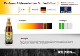 PaulanerHefeweissbierDunkel 500ml EstiloDunkelweizen
Graduação alcoólica 5,3%
4-8º Weizen Alemanha
Coloração Amargor
Descrição
Cervejaescuradetrigocomcoloraçãomarromclaro,possuiaromasdepãofresco,caramelo
e leve chocolate além de cravo e banana que são esperados em uma autêntica cerveja de
trigo. Amargor baixo e leve secura no aftertaste.
 