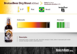 BrotasBeerDryStout 600ml EstiloDryStout
Graduação alcoólica 4,5%
5-7º Pint Brasil
Coloração Amargor
Descrição
Coloração negra, aromas de café, chocolate amargo e tosta, sabor é marcante pelo malte
tostado. Amargor médio e aftertaste seco.
 