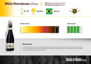 WälsPetroleum 375ml EstiloRussian Imperial Stout
Graduaçãoalcoólica 12,0%
10-12º Snifter Brasil
Coloração Amargor
Descrição
Coloração negra, aromas de chocolate amargo, café e ameixa seca, possui um corpo licoro-
so e traz no sabor a evidência dos maltes tostados.Amargor alto, e sensação de aquecimento
no aftertaste devido teor alcoólico.
 