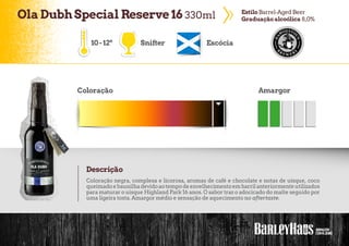 OlaDubhSpecial Reserve 16 330ml EstiloBarrel-Aged Beer
Graduação alcoólica 8,0%
Snifter Escócia
Coloração Amargor
Descrição
Coloração negra, complexa e licorosa, aromas de café e chocolate e notas de uísque, coco
queimadoebaunilhadevidoaotempodeenvelhecimentoembarrilanteriormenteutilizados
para maturar o uísque Highland Park 16 anos. O sabor traz o adocicado do malte seguido por
uma ligeira tosta. Amargor médio e sensação de aquecimento no aftertaste.
10-12º
 