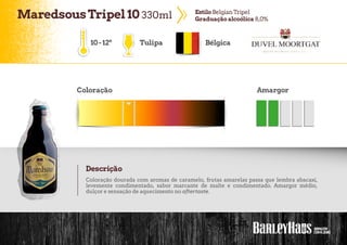 MaredsousTripel 10 330ml EstiloBelgianTripel
Graduação alcoólica 8,0%
10-12º Tulipa Bélgica
Coloração Amargor
Descrição
Coloração dourada com aromas de caramelo, frutas amarelas passa que lembra abacaxi,
levemente condimentado, sabor marcante de malte e condimentado. Amargor médio,
dulçor e sensação de aquecimento no aftertaste.
 