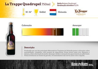 LaTrappe Quadrupel 750ml EstiloBelgian Quadrupel
Graduação alcoólica 10,0%
Goblet Holanda
Coloração Amargor
Descrição
10-14º
Produzida em um dos principais Monastérios Trapistas da Holanda possui coloração cobre
avermelhado, complexa, com aromas de especiarias, frutas secas como uva, damasco e
tâmara,saboradocicadodomalte.Amargormédioesensaçãodeaquecimentonoaftertaste.
Possui leveduras no fundo da garrafa, recomendamos não servir junto com o líquido.
 