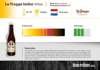 LaTrappe Isidor 330ml EstiloBelgian PaleAle
Graduaçãoalcoólica 7,5%
10-12º Goblet Holanda
Coloração Amargor
Descrição
Produzida em um dos principais Monastérios Trapistas da Holanda é uma edição come-
morativa em homenagem ao frade Isidorus Laaber, precursor das cervejas La Trappe, pos-
sui coloração âmbar, aroma de caramelo, frutas passas e um leve toque de lúpulo floral, o
sabor frutado e condimentado. Amargor médio e sensação de aquecimento no aftertaste
devido ao teor alcoólico. Possui leveduras no fundo da garrafa, recomendamos não servir
junto com o líquido.
 
