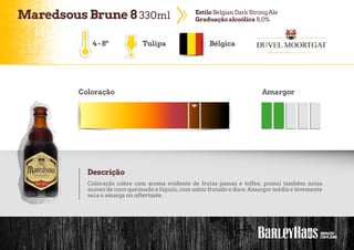 MaredsousBrune 8 330ml EstiloBelgian Dark StrongAle
Graduação alcoólica 8,0%
4-8º Tulipa Bélgica
Coloração Amargor
Descrição
Coloração cobre com aroma evidente de frutas passas e toffee, possui também notas
suaves de coco queimado e lúpulo, com sabor frutado e doce. Amargor médio e levemente
seca e amarga no aftertaste.
 