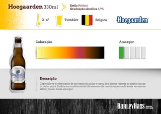 Hoegaarden 330ml EstiloWitbier
Graduaçãoalcoólica 4,9%
Tumbler Bélgica
Coloração Amargor
Descrição
Cerveja leve e refrescante de coramarelo palha e turva, seu aroma remete ao cítrico da cas-
ca de laranja e limão e ao condimentado da semente de coentro mantendo esses aromas no
sabor, possui baixo amargor.
3-6º
 
