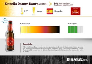 EstrellaDammDaura 330ml EstiloAmerican Lager
Graduação alcoólica 5,4%
Lager Espanha
Coloração Amargor
Descrição
AEstrellaDammDauraéumacervejaespecialmentedesenvolvidaparaoscelíacos(pessoas
que possuem intolerância ao glúten) com o mesmo sabor e qualidade da Estrella Damm
Barcelona. Ela possui teor de glúten abaixo de 6 ppm (Celíaco, consulte seu médico antes
de beber).
4-7º
 