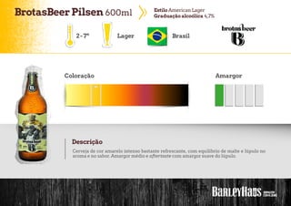 BrotasBeerPilsen 600ml EstiloAmerican Lager
Graduação alcoólica 4,7%
2-7º Lager Brasil
Coloração Amargor
Descrição
Cerveja de cor amarelo intenso bastante refrescante, com equilíbrio de malte e lúpulo no
aroma e no sabor. Amargor médio e aftertaste com amargor suave do lúpulo.
 