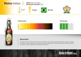 Natur 600ml EstiloAmerican Lager
Graduaçãoalcoólica 4,3%
Lager Brasil
Coloração Amargor
Descrição
Cerveja leve de coloração amarelo dourado com aroma predominante de malte e lúpulo,
no sabor o lúpulo aparece em primeiro plano seguido do malte, possuindo amargor médio
conferindo uma agradável sensação refrescante.
2-7º
 