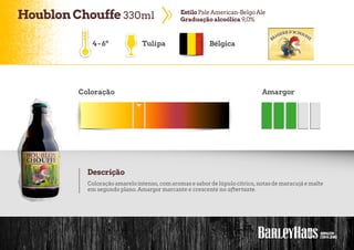 HoublonChouffe 330ml EstiloPaleAmerican-BelgoAle
Graduaçãoalcoólica 9,0%
Tulipa Bélgica
Coloração Amargor
Descrição
Coloração amarelo intenso, com aromas e saborde lúpulo cítrico, notas de maracujá e malte
em segundo plano. Amargor marcante e crescente no aftertaste.
4-6º
 