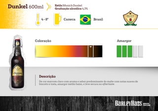 Dunkel 600ml EstiloMunich Dunkel
Graduaçãoalcoólica 4,3%
Caneca Brasil
Coloração Amargor
Descrição
De cor marrom claro com aroma e sabor predominante do malte com notas suaves de
biscoito e tosta, amargor médio baixo, e leve secura no aftertaste.
4-8º
 
