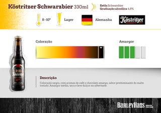 KöstritzerSchwarzbier 330ml EstiloSchwarzbier
Graduação alcoólica 4,8%
8-10º Lager Alemanha
Coloração Amargor
Descrição
Coloração negra, com aromas de café e chocolate amargo, sabor predominante do malte
tostado. Amargor médio, seca e leve dulçor no aftertaste.
 