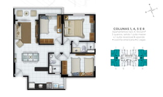 colunas 1, 4, 5 e 8
Apartamentos tipo A: 64,52m²
3 quartos, sendo 1 suíte máster
 e 1 suíte reversível • varanda
• cozinha americana • 2 vagas


   1     2         3       4




  5      6         7       8
 