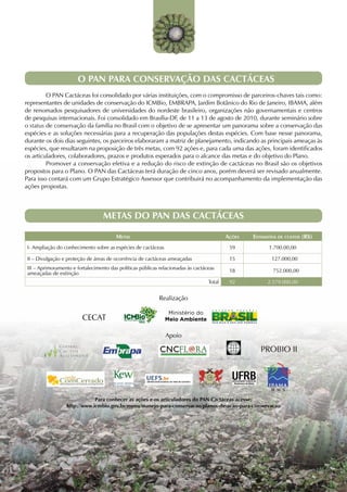 O PAN PARA CONSERVAÇÃO DAS CACTÁCEAS
	        O PAN Cactáceas foi consolidado por várias instituições, com o compromisso de parceiros-chaves tais como:
representantes de unidades de conservação do ICMBio, EMBRAPA, Jardim Botânico do Rio de Janeiro, IBAMA, além
de renomados pesquisadores de universidades do nordeste brasileiro, organizações não governamentais e centros
de pesquisas internacionais. Foi consolidado em Brasília-DF, de 11 a 13 de agosto de 2010, durante seminário sobre
o status de conservação da família no Brasil com o objetivo de se apresentar um panorama sobre a conservação das
espécies e as soluções necessárias para a recuperação das populações destas espécies. Com base nesse panorama,
durante os dois dias seguintes, os parceiros elaboraram a matriz de planejamento, indicando as principais ameaças às
espécies, que resultaram na proposição de três metas, com 92 ações e, para cada uma das ações, foram identificados
os articuladores, colaboradores, prazos e produtos esperados para o alcance das metas e do objetivo do Plano.
	        Promover a conservação efetiva e a redução do risco de extinção de cactáceas no Brasil são os objetivos
propostos para o Plano. O PAN das Cactáceas terá duração de cinco anos, porém deverá ser revisado anualmente.
Para isso contará com um Grupo Estratégico Assessor que contribuirá no acompanhamento da implementação das
ações propostas.



                                  Metas do PAN das CACTÁCEAS

                                        Metas                                             Ações   Estimativa de custos (R$)
I- Ampliação do conhecimento sobre as espécies de cactáceas                                59           1.700.00,00

II – Divulgação e proteção de áreas de ocorrência de cactáceas ameaçadas                   15            127.000,00
III – Aprimoramento e fortalecimento das políticas públicas relacionadas às cactáceas      18             752.000,00
ameaçadas de extinção
                                                                                  Total    92           2.579.000,00


                                                           Realização

                                                               Ministério do
                         CECAT                                Meio Ambiente


                                                              Apoio

                                                                                                     PROBIO II




                             Para conhecer as ações e os articuladores do PAN Cactáceas acesse:
                 http://www.icmbio.gov.br/menu/manejo-para-conservacao/planos-de-acao-para-conservacao
 