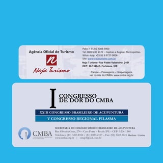 Agência Oﬁcial de Turismo
Pacote – Passagens – Hospedagens
ver no site do CMBA: www.cmba.org.br
Marilene / Cristina
 